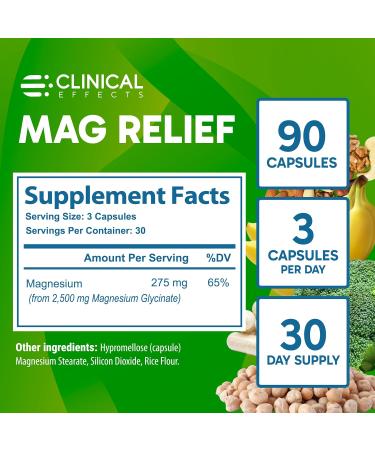 Clinical Effects Mag Relief Magnesium Supplement - 275mg Pure Magnesium Glycinate Capsules - 90 Magnesium Capsules - Quality Magnesium for Cramp Defense, Bone, Muscle and Nerve Support - USA Made - Buy Online on GoSupps.com