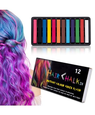 Hair Chalk Stick Set, Halloween Christmas Birthday Cosplay and DIY, Non-toxic Temporary Washable Hair Color Chalk Girls Boys Teen Kids Gift, 12 Colors