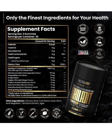VeltraVita Pure Himalayan Shilajit Gummies with Ginkgo Biloba Chaga & KSM-66 Ashwagandha | Shilajit for Men & Women |10000 mg Max Potency | 76%+ Fulvic Acid & 92+ Trace Minerals | Sugar Free - Buy Online on GoSupps.com