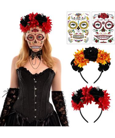 FRCOLOR 2Pcs Day of The Dead Headband with Mexican Flower Crown and Halloween Tattoos - Red and Orange - Buy Online on GoSupps.com