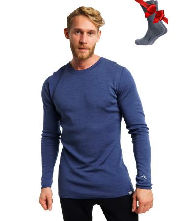 Merino.tech Merino Wool Base Layer - Mens 100% Merino Wool Long Sleeve Thermal Shirts Lightweight, Midweight, Heavyweight 3X-Large 250 Windsor Blue