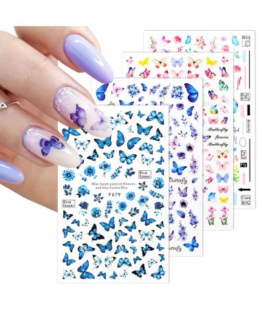 4 Sheets Nail Art Stickers Butterfly Nail Sticker Decals Self-Adhesive Nail Sticker Manicure Tips DIY Nail Art Design Nail Decorations for Women Girls