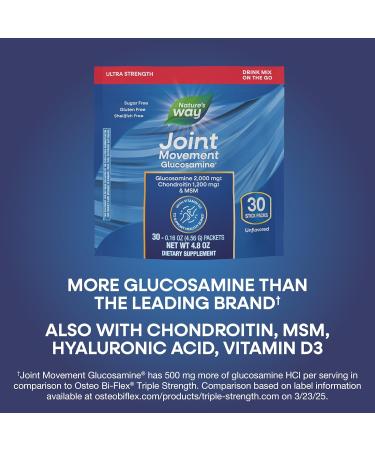 Nature's Way Joint Movement Glucosamine Drink Mix Ultra Strength Glucosamine MSM Hyaluronic Acid Vitamin D3 Supports Bones Muscles Cartilage* No Sugar Joint Support* 30 Unflavored Packets - Buy Online on GoSupps.com