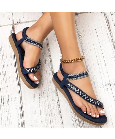 XTZYGLFD Women's Flat Sandals - Summer Boho-Street Shoes with Comfortable Open Toes & Elastic Ankle Straps | Roman & Plateau Style in Blue - Size 5 UK - Buy Online on GoSupps.com
