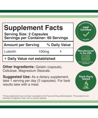 Double Wood Supplements Luteolin Supplement 100mg Servings of Bioactive Flavanoids (120 Capsules Gluten Free) Potent Polyphenols Flavonoid for Brain and Cardiovascular Support - Buy Online on GoSupps.com