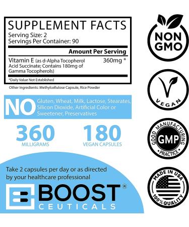 BoostCeuticals Gamma E Vegan Vitamin E 400 IU Mixed Tocopherols Complex - Non GMO - Gluten Free VIT E 180 Capsules - Buy Online on GoSupps.com
