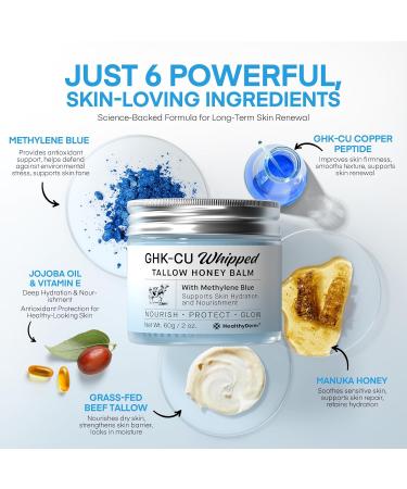 Copper Peptides GHK-Cu Beef Tallow for Skin: Blue Balm with Methylene Blue Manuka Honey & Vitamin E Natural Face and Body Moisturizer for Mature Dry & Sensitive Skin 2oz 2 Fl Oz (Pack of 1) - Buy Online on GoSupps.com