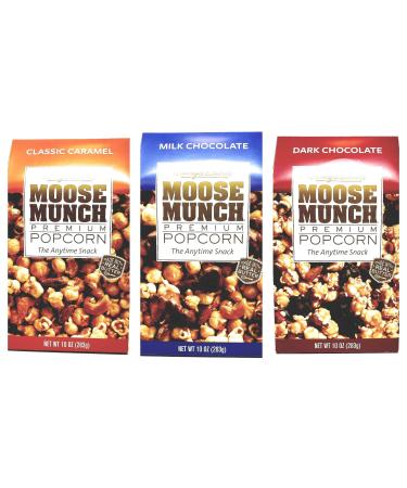 Harry & David Moose Munch Premium Popcorn Holiday Bundle 3 Pack (Milk Chocolate, Dark Chocolate, & Classic Caramel)