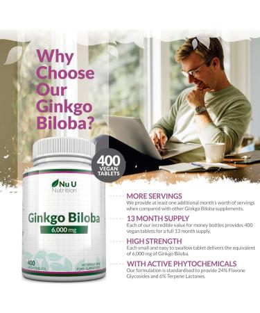 Ginkgo Biloba 6000mg - 400 High Strength Vegan Tablets - 120mg Extract per Tablet - Made in UK by Nu U Nutrition - Buy Online on GoSupps.com