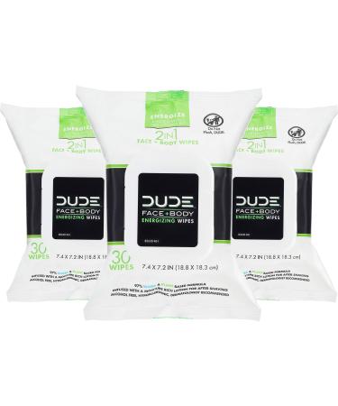 DUDE Wipes Face and Body Wipes - 3 Pack, 90 Wipes - Wipes Infused with Energizing Pro Vitamin B5 - 2-in-1 Face & Body Wipes - Alcohol Free and Hypoallergenic Cleansing Wipes 30 Count (Pack of 3)