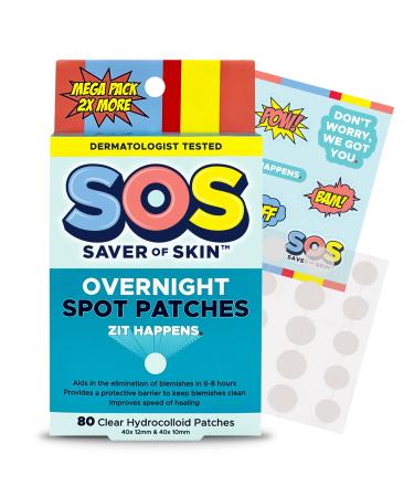 SOS SAVER OF SKIN Blemish Patches Fast Working Hydrocolloid Acne Patches for Covering Pimples Zits and Blemishes on Face and Skin Absorb Fluids Latex Free Vegan (80 Transparent) Transparent 80