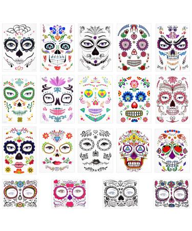 3 otters Halloween Temporary Face Tattoos  19PCS Sugar Skull Face Tattoos Day of the Dead Temporary Face Tattoos Skeleton Face Stickers for Party Favor Supplies