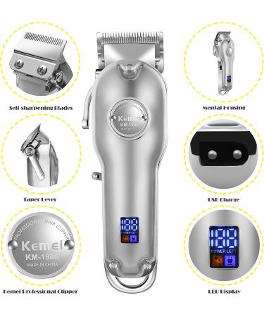 Kemei Cordless Hair Trimmer for Men - Professional Men's Hair Clippers with LED Display - Silver - Buy Online on GoSupps.com