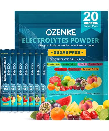 Electrolytes Powder Packets, Hydration Packets, Electrolytes Powder No Sugar, Portable Electrolyte Drink Mix for Rapid Hydration, Sugar Free & Low Sodium | 0 Calorie | 7 Flavors | 20 Sticks Variety Pack 0.12 Ounce (Pack of