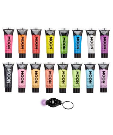 Moon Glow Neon UV Face and Body Paint Complete Set of 16 Includes UV Keychain (12ml (16-Pack))