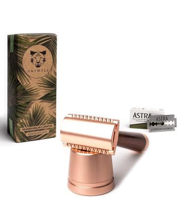 ANYMALE Safety Razor with Wooden Handle & 5 ASTRA Blades - Rose Gold Set for Men & Women | International Shipping - Buy Online on GoSupps.com