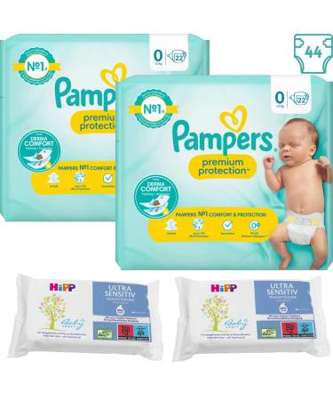 Newborn Nappies Bundle with Pampers Size 0 Premium Protection Premature Diapers Total of 44 Nappies and 2 x 52 Hipp Ultra Sensitive Wet Baby Wipes (Online Exclusive)