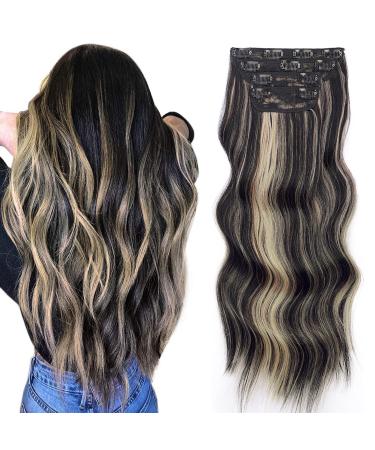 Vigorous Wavy Hair Extension Black Mix Blonde Long Clip in Hair Extensions Soft Synthetic Hairpieces for Women 20 Inch Black Mix Blonde