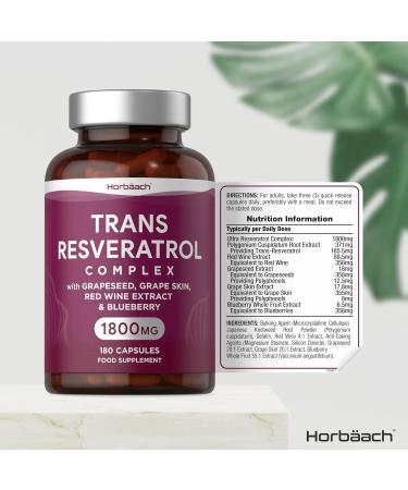 Trans Resveratrol Supplement 1800mg | 180 Capsules | Grapeseed & Grape Skin Extract with Blueberry | Polyphenol Source - Buy Online on GoSupps.com