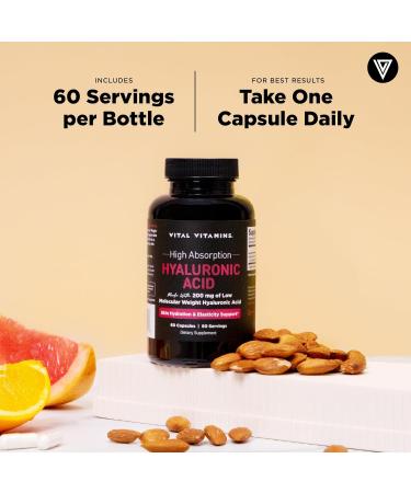 Vital Vitamins Hyaluronic Acid Supplements - Made with 200mg of Low Molecular Weight Hyaluronic Acid - Supports Skin Hydration & Elasticity from Within - 60 Capsules 60 Servings 60 Count (Pack of 1) - Buy Online on GoSupps.com