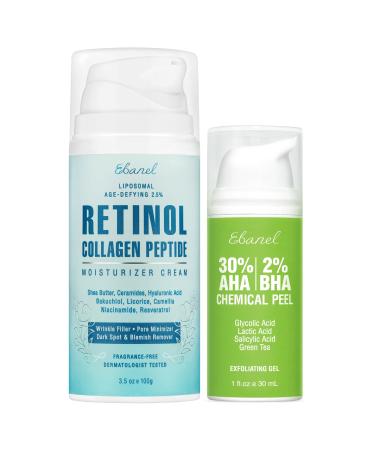 Ebanel 30% AHA 2% BHA Chemical Peel & 2.5% Retinol Cream Moisturizer for Face - Removes Acne Scars Dark Spots Wrinkles & Brightens Skin