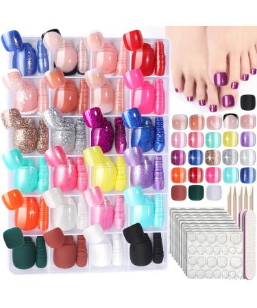 FANDAMEI Press on Toenails 24 Colors 576PCS Press on Toe Nails Short French Tip Toe Nails Press on Glitter Press on Toenails Matte Glossy Press on Toes Nails Fake Toe Nails for Nail Art