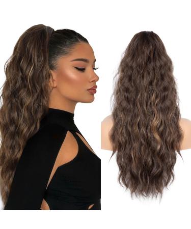 26 Inch Ponytail Extension Long Wavy Hair Extensions Synthetic Hair Pieces for Women Soft Natural Pony Tails Extensions Drawstring Ponytail Hair Extension for Daily Use (Brown Mixed Honey Blonde) Drawstring-Brown Mixed Honey Blonde