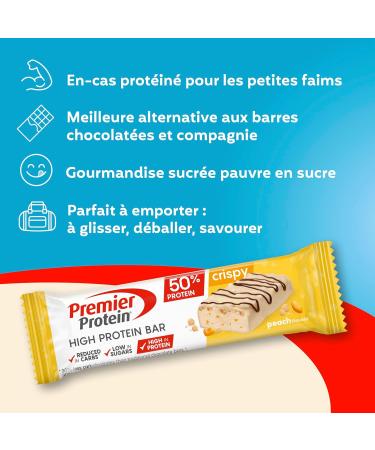 Premier Protein - High Protein Bar 50%+Crispy - Peach - 16x40g - faible en sucres pauvre en glucides sans huile de palme Peach 16 x 40g - Buy Online on GoSupps.com