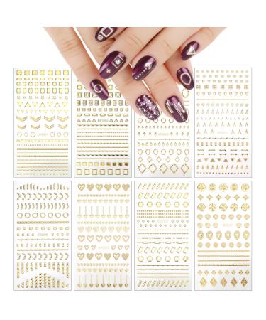 VETPW 8 Sheets 3D Gold Nail Stickers, 3D Self Adhesive Nail Art Sticker Lines Nail Striping Tape with Nail Gems, Metallic Chains, Hearts, Stars, Geometry, DIY Nail Decals Manicure Design