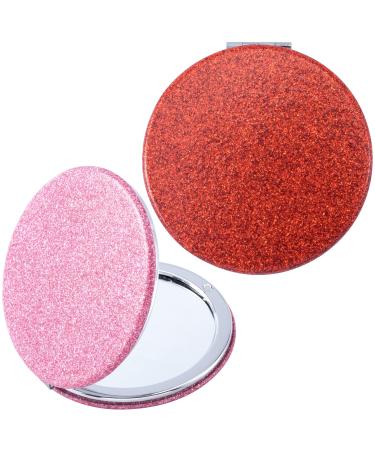 OIIKI 2pcs Red Pink Compact Pocket Mirror  Portable Mini Glitter Purse Mirror for Women Girls Travel Makeup  Folding Handheld 2-Sided 1x/2x Magnifying Mirror