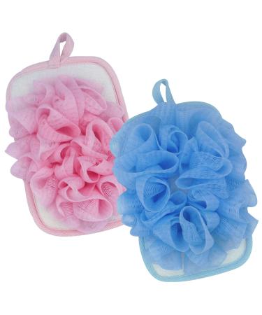 Bleu Bath (2 Pack) Exfoliating Bath Sponge Body Loofah Mitt Pad Shower Pouf Elastic Hand Strap Mesh Sponge Shower Scrubber