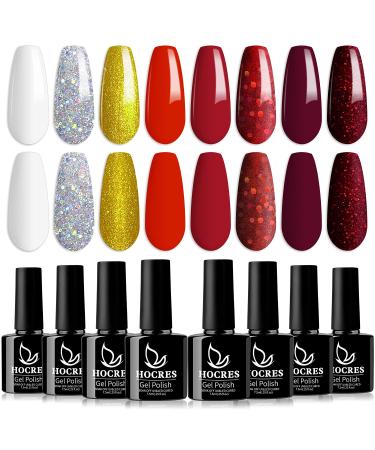 HOCRES Red Gel Nail Polish Set 8 Colors 7.5ml Classic Red Collection Popular Shimmer Red Burgundy White Yellow Gel Polish Kit Soak Off LED Gel Nail Kit Minicure DIY Home Classic Red Collection 7.5ml