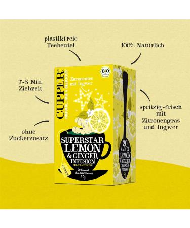 Cupper Organic Herbal Tea - Superstar Lemon & Ginger 20 Unbeated Tea Bags | Fair Trade & Eco-Friendly 4-Pack - Buy Online on GoSupps.com