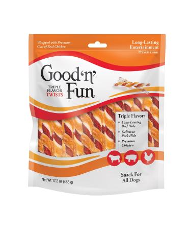 Good 'n' Fun Triple Flavor Twists, Treat Your Dog to Premium Cuts of Real Meat with Rawhide 70 Count (Pack of 1)