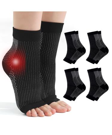 4 Pairs Plantar Fasciitis Socks Neuropathy Socks Compression Socks Neuro Socks for Women Men Ankle Support for Sprained Ankle for Sport Arthritis Pain Relief S-M Black