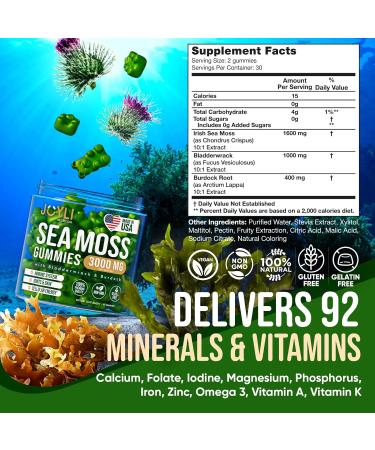 JOYLI Nutrition 2 Pack - Sea Moss Gummies for Adults & Kids Vegan Irish Sea Moss Supplement with Bladderwrack & Burdock Root Sugar-Free Immune Support Supplements - 60 Gummy Bears per Pack 60 Count (Pack of 2) - Buy Online on GoSupps.com