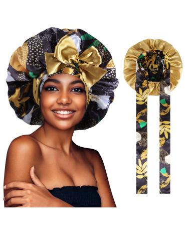 WEIPAO Silk Satin Bonnet - Silk Hair Wrap for Sleeping Satin Bonnet for Curly Hair Sleep Cap Large Double Sided Reversible Hair Bonnet with Tie Band One Size Leaf Print Black+Yellow