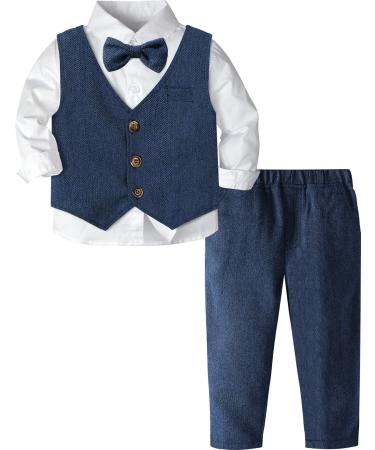 mintgreen Baby Boys Wedding Suits 3pcs Herringbone Tweed Outfit Christening Clothes Set Shirt + Waistcoat + Trousers + Bow Tie 1-4 Years 2-3 Years Blue