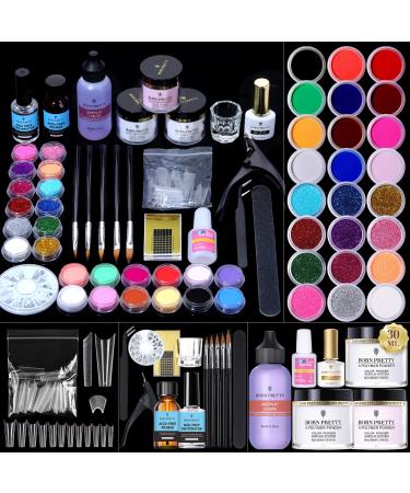 BORN PRETTY Acrylic Nail Kit with Everything Acrylic Powder and Liquid Monomer Set 24Colors Glitters Acrylic Nail Brush Nail Tips Nail Primer Nail Art Supplies for Acrylic Nails Extension Beginner kit Acrylic Powder Nail Kit