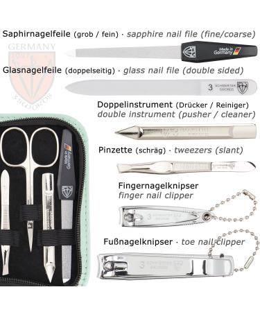 Three Swords 8-Pc Manicure Set 'Roma' | High-Quality Mint Leather Nail Care Kit | Scissors Clippers Tweezers & Glass Files - Buy Online on GoSupps.com