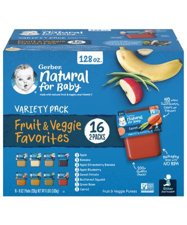 Gerber Baby Foods 2nd Foods Variety Pack Natural for Baby Fruit & Veggie Favorites 8 Ounce (Pack of 32)