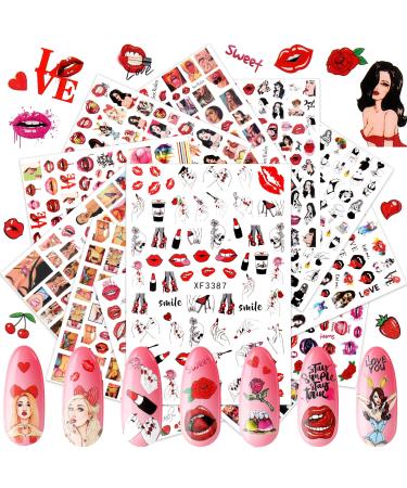 12 Sheets Lips Nail Art Stickers Valentine's Day Nail Decals Stickers Cool Girls Nail Stickers Self-Adhesive Nail Art Stickers Nail Art Accessories for Women Girls Cool Decoration
