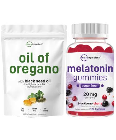 Micro Ingredients Melatonin Gummies & Oil of Oregano Softgels | Bundle | Sugar-Free BlackBerry Cherry Flavor | No Drug Non-Habit-Forming Ingredients | 4X Strength Carvacrol & Thymoquinone