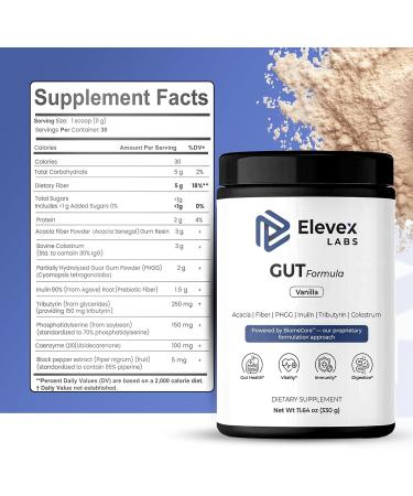 Elevex Gut Health Powder 3g Colostrum (30% IgG) + Tributyrin ( 60% Butyrate Purity) + PHGG Prebiotics Gut Lining, Gut Brain & Bloating Support BiomeCore 30 Servings (Vanilla) - Buy Online on GoSupps.com