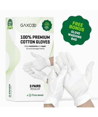 Gaxcoo | 100% Premium Cotton Moisturizing Gloves for Dry Hands & Eczema | Overnight Lotion, Sleep & Spa Treatment for Women & Men | Reusable, Washable - Free Washing Bag, Wristband (White - 3 Pairs)