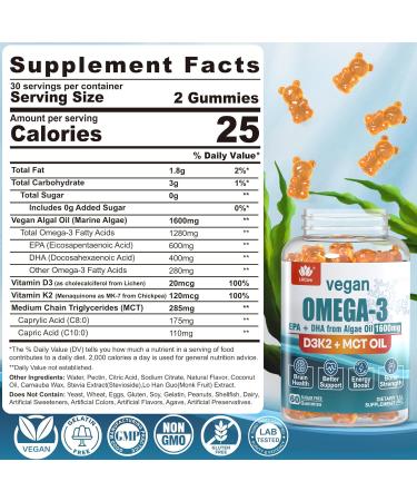 LILICARE Plant Based Calcium Supplement Vegan Omega3 Gummies 1280mg- from Marine Algae Oil - Buy Online on GoSupps.com