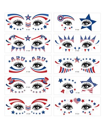 10 Sets 4th of July Temporary Tattoos Stickers Independence Day Face Eye Tattoo Sticker Waterproof Sweatproof American Flag USA Star Patriotic Memorial Day for Adult Kids Make Up Party Parade