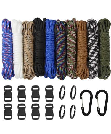 Aufodara 24er Set - Paracord bracelet cords 7 strands nylon rope black plastic click closure key ring and carabiner hook DIY handmade weaving (24er)