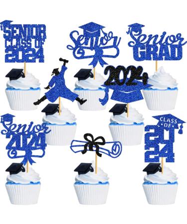 40Pcs Graduation Cupcake Toppers 2024 Blue Glitter Senior Class of 2024 Cupcake Toppers Diploma Grad Cap Cupcake Picks 2024 for Grade Graduation Party Supplies
