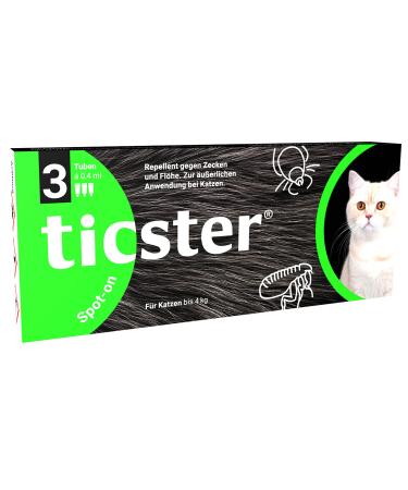 Ticster Spot-on for cats up to 4 kg flea and tick content: 3x 0.4 ml protection duration: up to 12 weeks (solution for grapping effective flea natural active ingredient) cats up to 4 kg 3x 0.4 ml